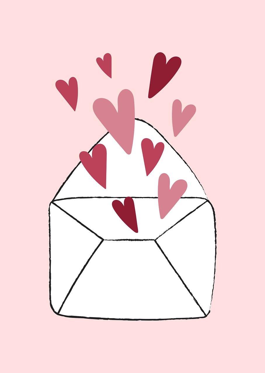 illustration of red hearts coming out of a white envelope