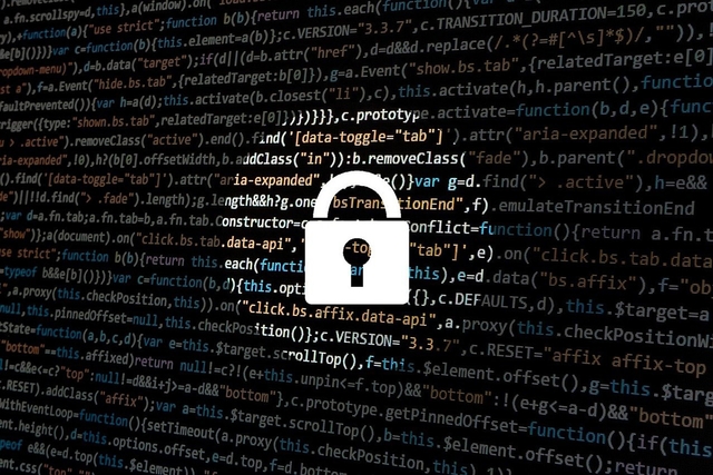icon of a lock representing privacy and security in the digital age over a black background of code