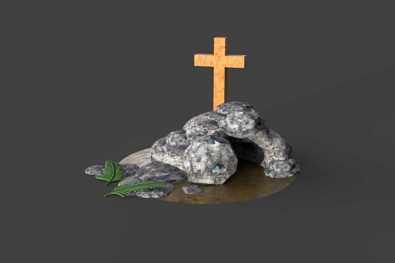 cross and a cave mockup to illustrate the resurrection in a religious easter wish