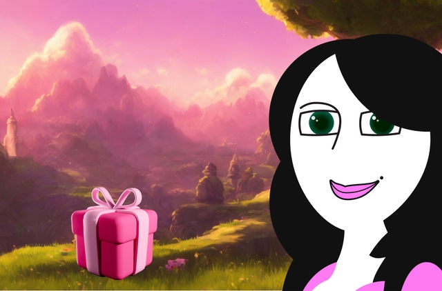 female illustration with a digital art landscape in the background and a pink gift box