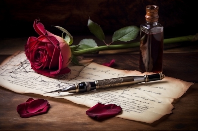 red rose laying over an old paper with a short love poem for her next to a pen and a bottle of oil