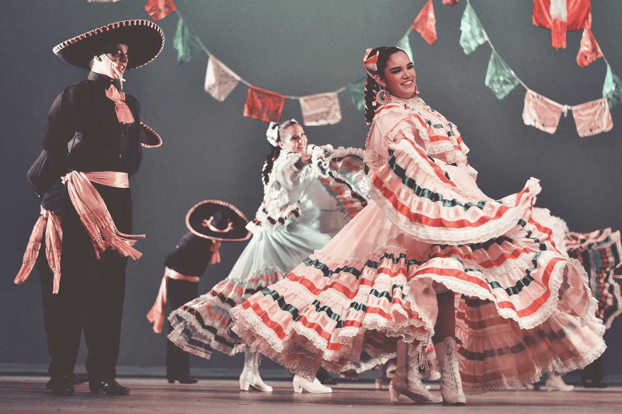 man and woman dancing on stage traditional Mexican dance during cinco de mayo