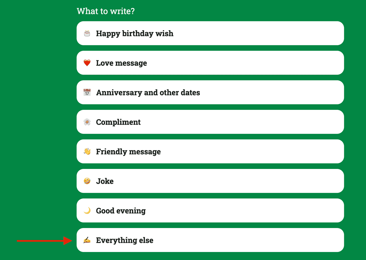 what to write page with the option of the ai message writer, everything else selected