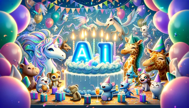 Fantasy-themed birthday party illustration with 'AI' spelled in candlelight atop a cake, surrounded by animated unicorns and cheerful cartoon animals.
