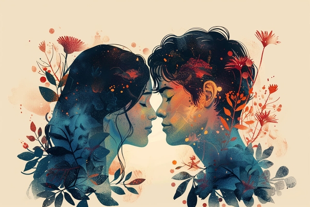 illustration of a man and woman showing eternal love towards each other with blue and red flowers