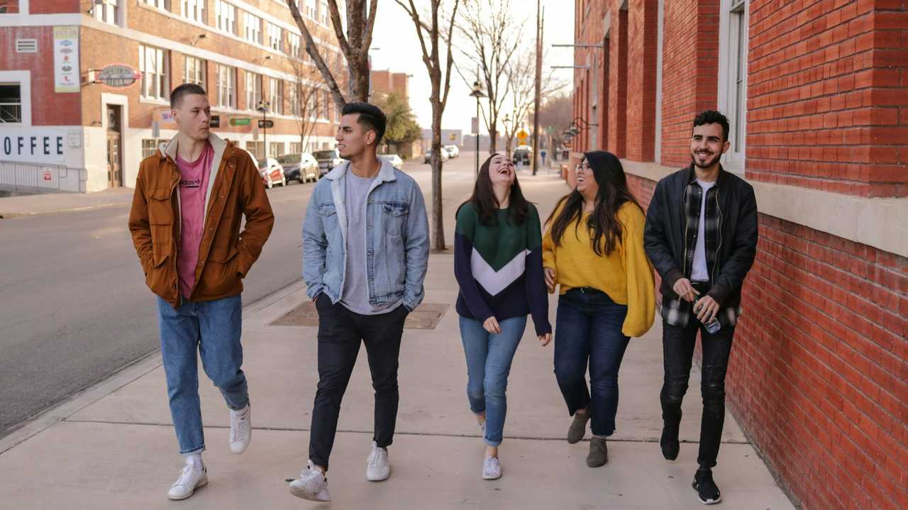 friends walking the street to hang out during Valentine's Day