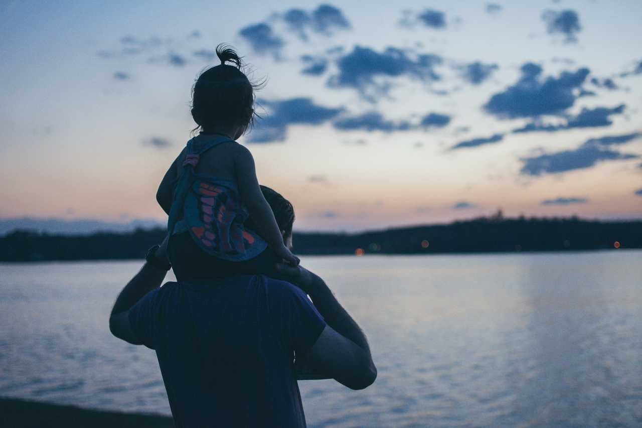 father carrying daughter in his shoulders looking at the horizon in a beach