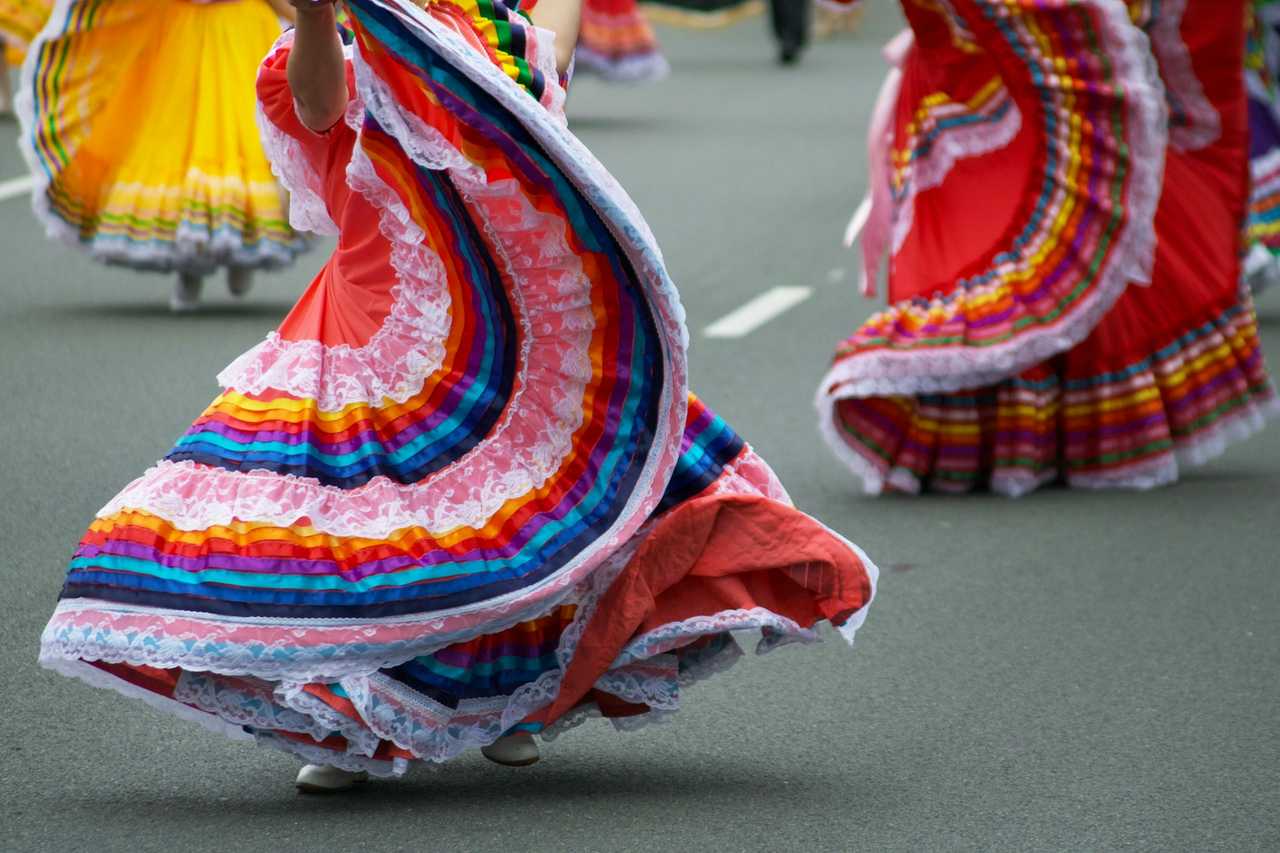 detail of women dancing on the street traditional mexican dance during cinco de mayo festivities